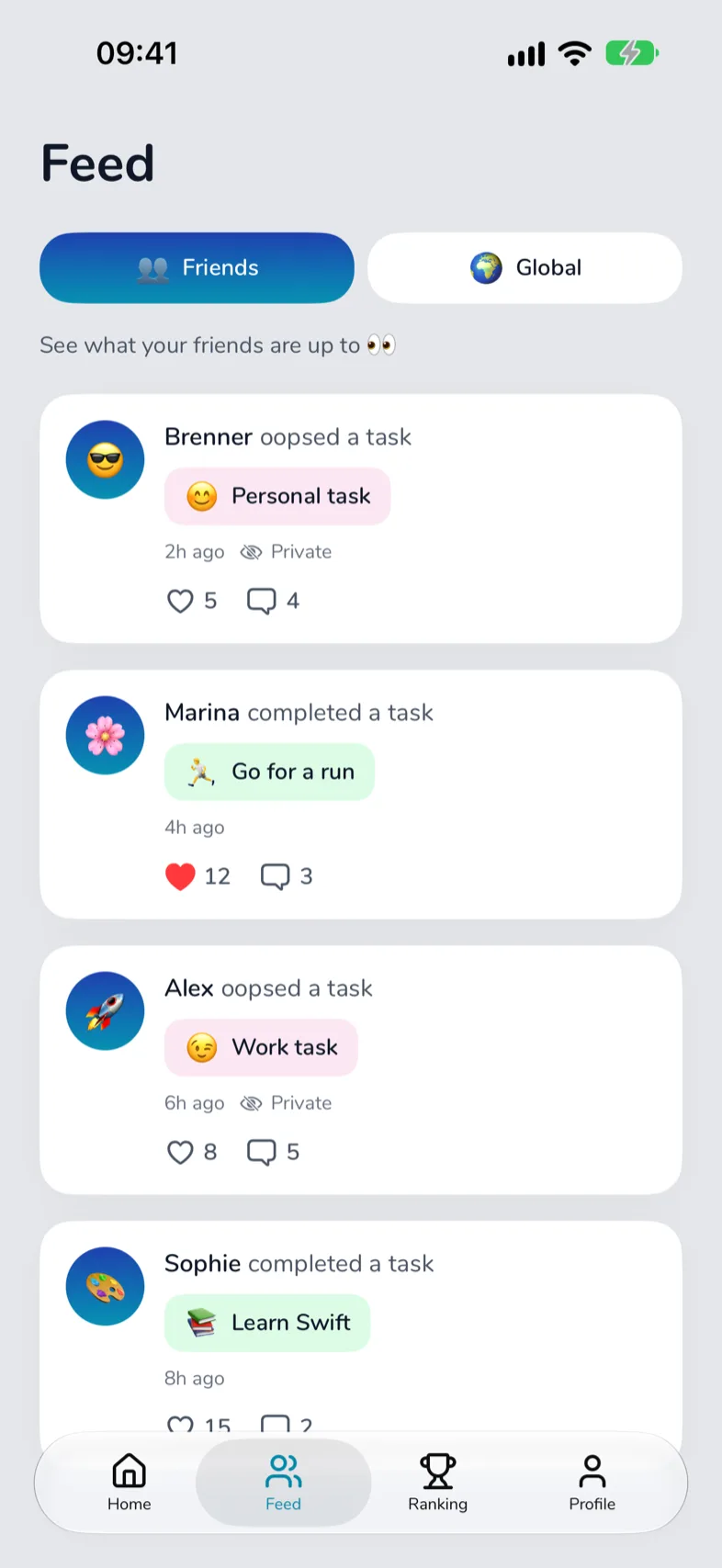 Feed de ToDoops con tareas y reacciones de amigos